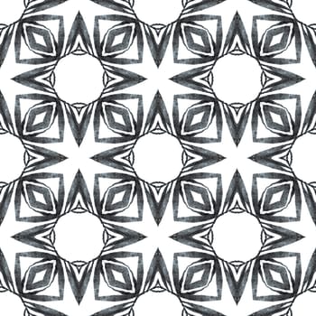 Watercolor summer ethnic border pattern. Black and white graceful boho chic summer design. Textile ready shapely print, swimwear fabric, wallpaper, wrapping. Ethnic hand painted pattern.