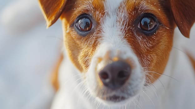 An upclose image of a fawncolored dog from the Sporting Group breed, with white fur, whiskers, and floppy ears, staring directly at the camera