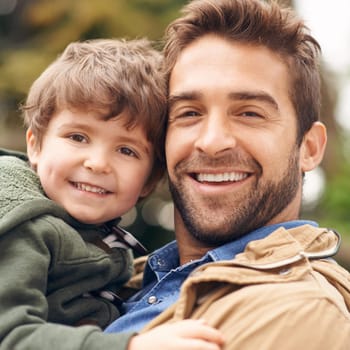 Face, father and happy with kid outdoor for bonding to play for child development and growth as parent. Portrait, dad and son with smile with support for care, love and enjoy on school holiday