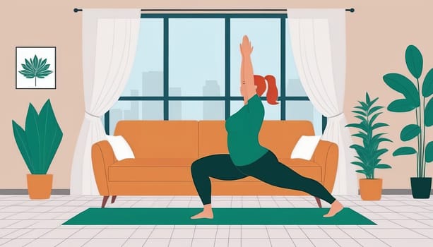 Large woman, yoga practice near sofa, leggings and top attire. Bright room, large window, floor-standing flower