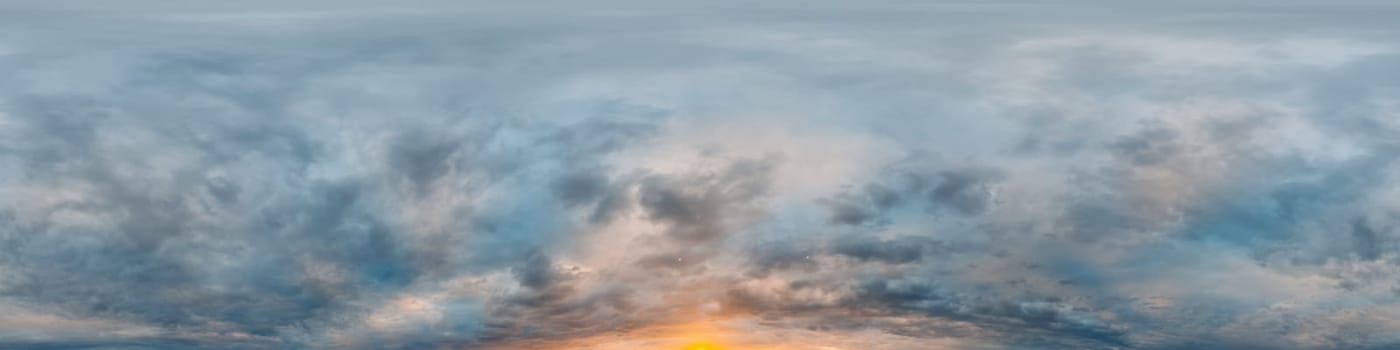 Dramatic overcast sky panorama with dark gloomy Cumulonimbus clouds. HDR 360 seamless spherical panorama. Sky dome in 3D, sky replacement for aerial drone panoramas. Weather and climate change