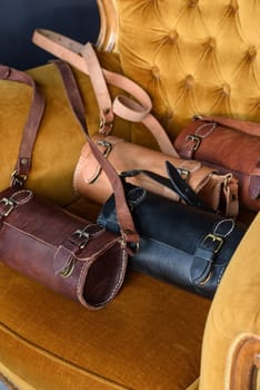 Old vintage colorful leather bags with leather strap. Beautiful small women's leather bags.
