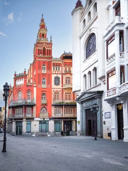 Badajoz, Spain, March 26, 2024: La Giralda building and the Ermita de la Soledad (Our Lady of Solitude), Badajoz, Extremadura.