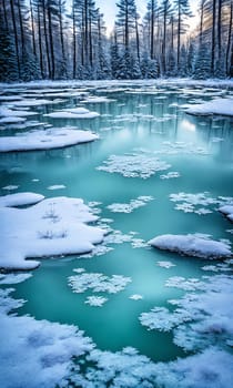 Frozen Fairy Pond. In the heart of a snow-covered forest, a pond lies frozen. Delicate frost patterns adorn its surface, and beneath the ice, mythical creatures slumber.The stillness and magic of winter.
