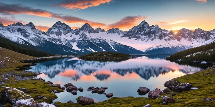 Serene Mountain Vista. Capture a breathtaking sunrise over snow-capped mountains. Panorama