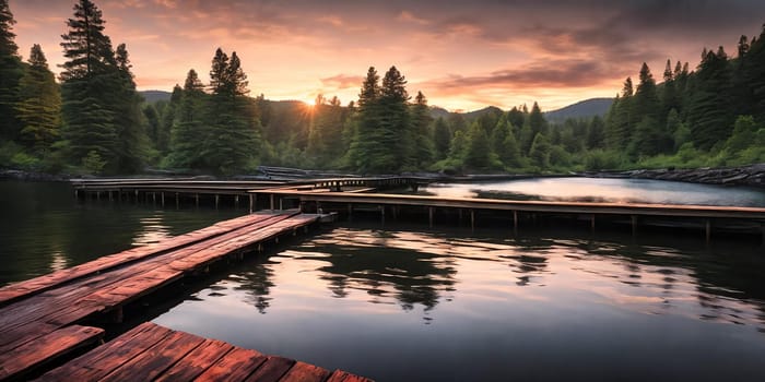 A vibrant sunset paints the sky over a tranquil forest lake pier Reflecting the golden hues on the calm waters below Generative AI