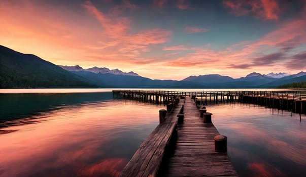 A vibrant sunset paints the sky over a serene lake, casting a radiant glow on a peaceful wooden pier. Generative AI