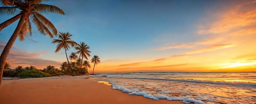 A sunset paints the sky in hues of orange pink over a tranquil beach with a palm tree swaying gently. Waves kiss the shore. Generative AI.