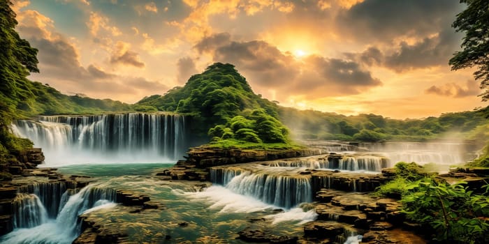 Fantasy landscape with waterfall at sunset, panorama.