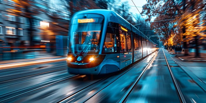 A blue trolley is rolling down a city street at night, illuminated by automotive lighting. It is a mode of transport on tracks powered by electricity