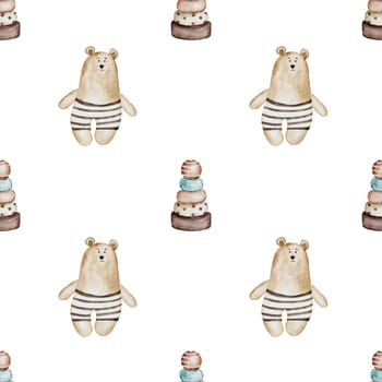 Baby pattern with retro toys. Watercolor ornament with vintage bear and wooden pyramid. In pastel colors on a white background. Baby design for diapers, bed linen, clothes. High quality illustration