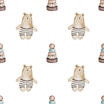 Baby pattern with retro toys. Watercolor ornament with vintage bear and wooden pyramid. In pastel colors on a white background. Baby design for diapers, bed linen, clothes. High quality illustration