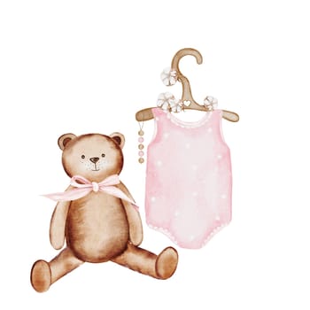 Baby shower watercolor illustration with bear and retro clothes. Cute teddy bear, pink bodysuit on a hanger with cotton flowers. Delicate clip art isolated on white background. For the design of invitations and cards for birth or discharge from the maternity hospital