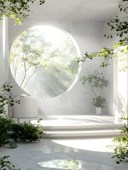 The room features a large round window surrounded by vegetation, allowing sunlight to filter in and create a natural landscape atmosphere