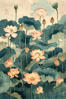 A beautiful painting featuring lotus flowers and leaves floating in a tranquil pond, showcasing the elegance of this sacred aquatic plant