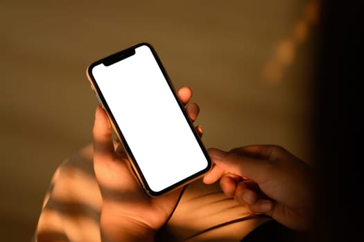 Close up view of woman holding smartphone with empty screen sitting in living room.