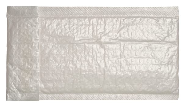 White plastic envelope with bubble wrap for correspondence on a white background, top view