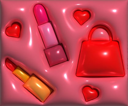 Red lipstick, heart and handbag on a pink background, 3D rendering illustration