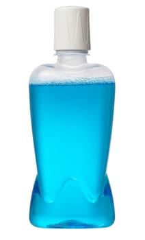 Transparent plastic bottle with bubbles and blue liquid on isolated background. Antiseptic mouth rinse       