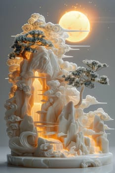 A breathtaking sculpture of a mountain with a tree under a full moon in the sky, depicting the beauty of nature and art through wood and flame