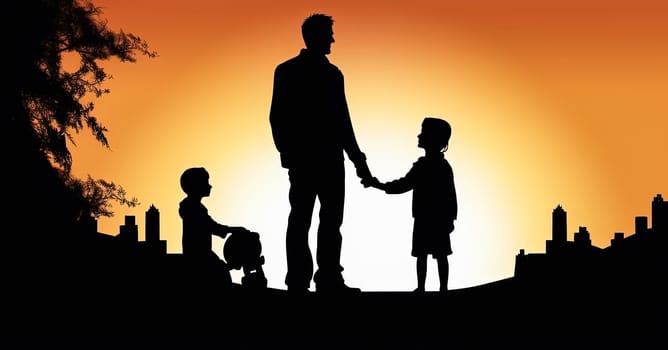 A man and two children are silhouetted against a sunset. Scene is peaceful and serene, as the family stands together in the beautiful natural setting