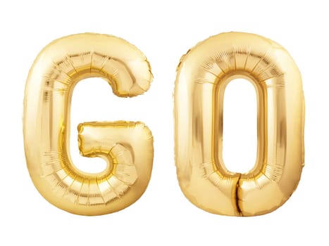 GO word made of golden inflatable balloons isolated on white background