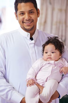 Muslim, family and portrait of father with baby in home for bonding, relationship and calm together. Parenting, happy and Islamic dad with newborn infant for love, childcare or support in living room.