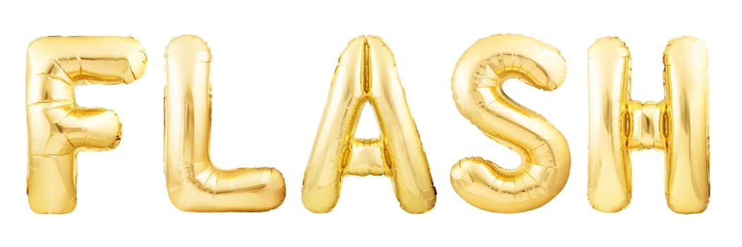 Word flash made of golden inflatable balloons isolated on white background. Helium balloons forming word flash