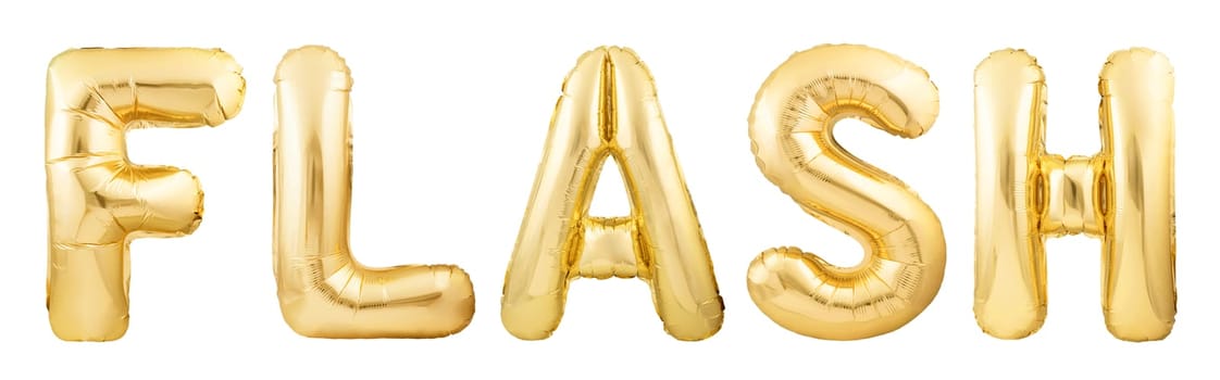 Word flash made of golden inflatable balloon isolated on white background. Helium balloons forming word flash