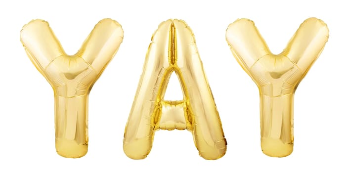 Word YAY made of rose gold inflatable balloon letters isolated on white background. Helium balloons forming word YAY