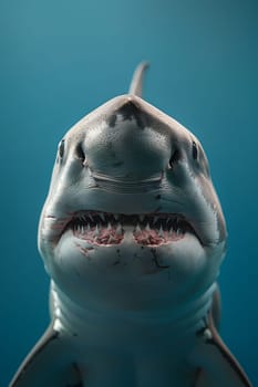A great white shark with its electric blue fin is gracefully swimming underwater, its powerful jaw and sleek snout visible as it gazes into the camera