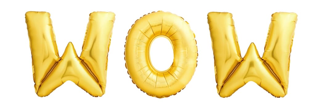 Golden sign WOW made of inflatable balloon isolated on white background