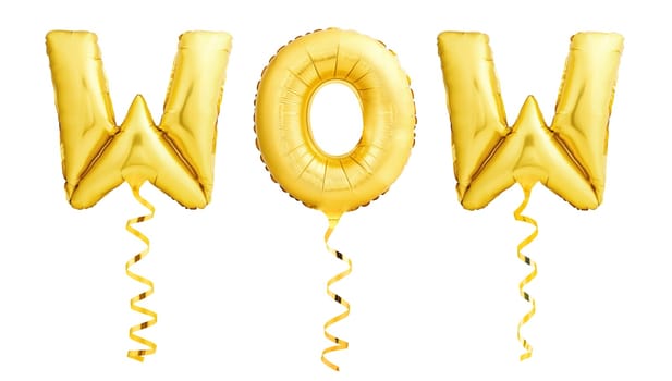 WOW sign made of golden inflatable balloons with golden ribbons isolated on white background