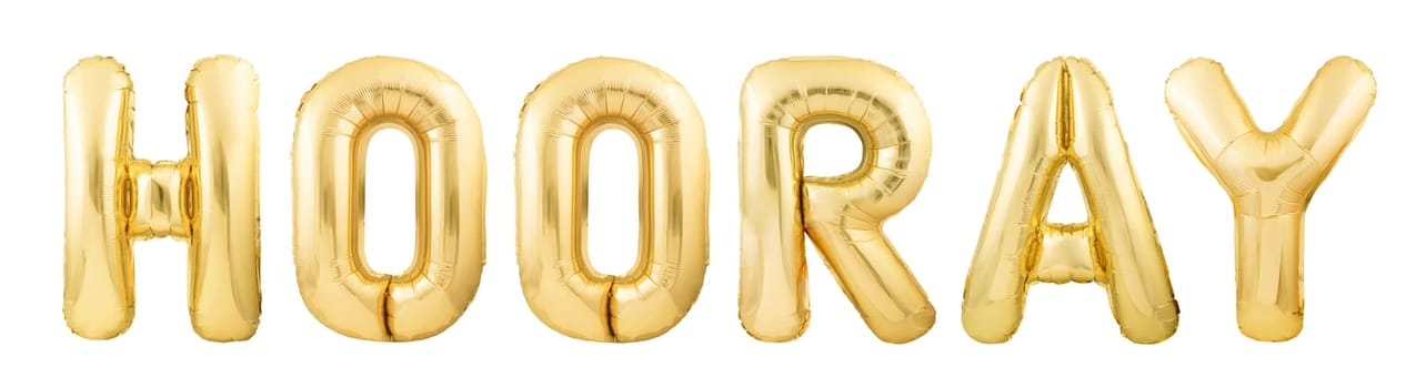 Word hooray! made of golden inflatable balloon letters isolated on white background. Helium balloons forming word hooray