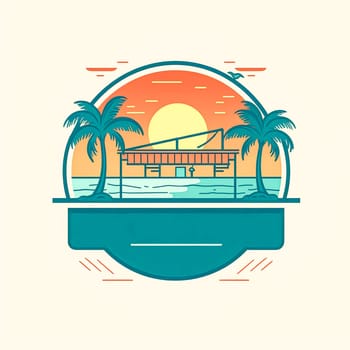 A beach scene with a house and palm trees. The sun is setting in the background