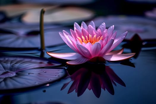 A beautiful pink flower is floating on the surface of a pond. The water is calm and the sky is a warm orange color. Concept of tranquility and peace