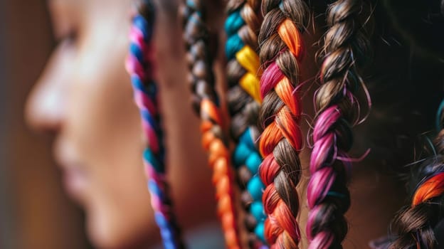 Close up side view of colorful brazilian terere style braid on a young woman.