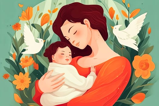 A woman is holding a baby in her arms. The baby is smiling and the woman is looking at the baby with a loving expression. Concept of warmth and affection between the mother and child