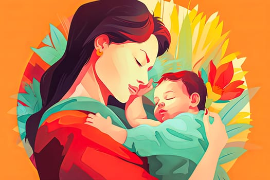 A woman is holding a baby in her arms. The baby is smiling and the woman is looking at the baby with a loving expression. Concept of warmth and affection between the mother and child