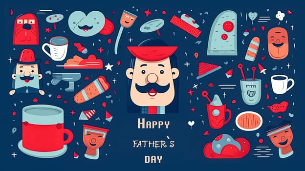 A colorful poster with a man's face on it and the words Happy Father's Day. The poster is full of different faces and objects, including a man with a tie and a man with glasses