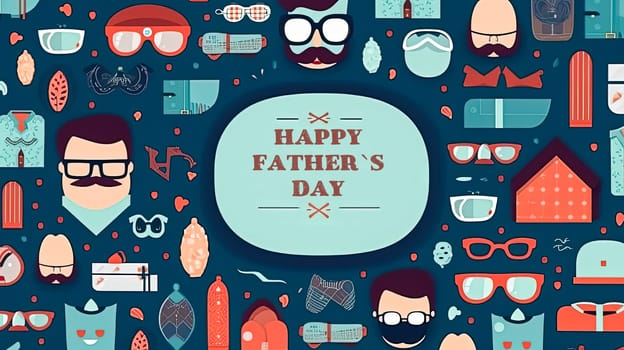 A man's face with a beard and glasses is surrounded by various objects and a clock. The image is titled "Happy Father's Day" and is decorated with hearts and other symbols