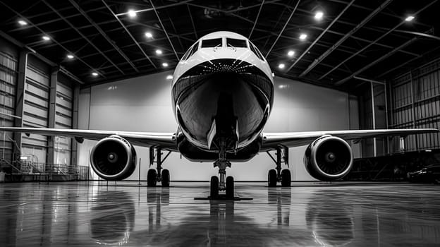 A large jetliner is parked in a hangar with its engines down. Concept of anticipation and excitement, as the plane is likely preparing for its next flight