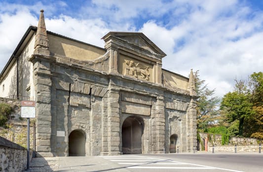 Sant'Agostino gate (Porta Sant’Agostino) is the main entrance to the Upper Town (Citta alta) and has the Lion of Saint Mark sculpted. European travel and historical and cultural tourism.. Bergamo, ITALY - January 5, 2024