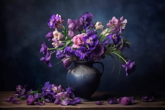 A vase of purple flowers sits on a table with a purple cloth. The scene is serene and calming, with the purple flowers adding a touch of color