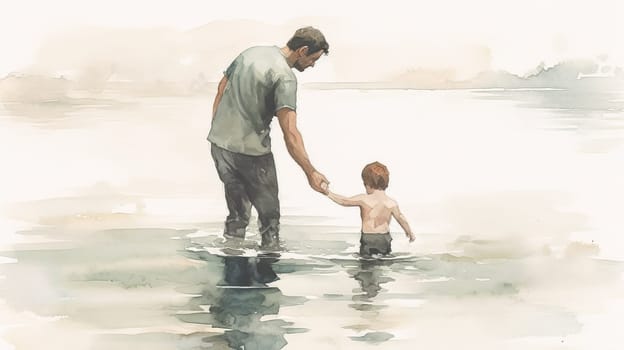 A man and a child are walking together. The man is holding the child's hand. Scene is warm and loving. happy father's day concept