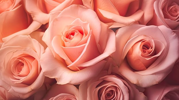 A bouquet of pink roses with dew drops on them. The roses are arranged in a way that they are overlapping each other, creating a sense of depth and dimension. Scene is one of beauty and elegance