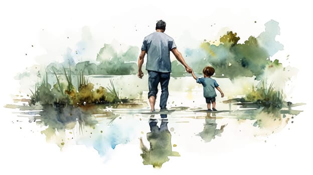 A man and a child are walking together. The man is holding the child's hand. Scene is warm and loving. happy father's day concept