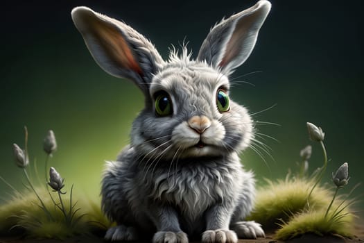 Cute gray bunny in habitat. AI generated image.