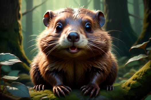 Cute beaver in the habitat. AI generated image.