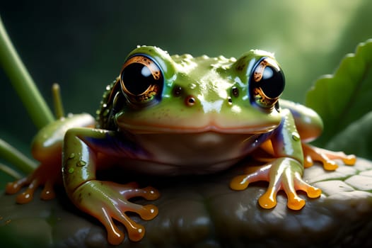 Cute green frog in the habitat. AI generated image.